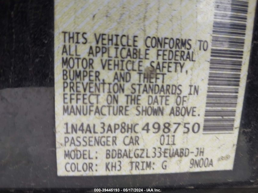 2017 Nissan Altima 2.5 S VIN: 1N4AL3AP8HC498750 Lot: 39445193