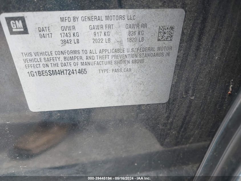 2017 Chevrolet Cruze Lt Auto VIN: 1G1BE5SM4H7241465 Lot: 39445194