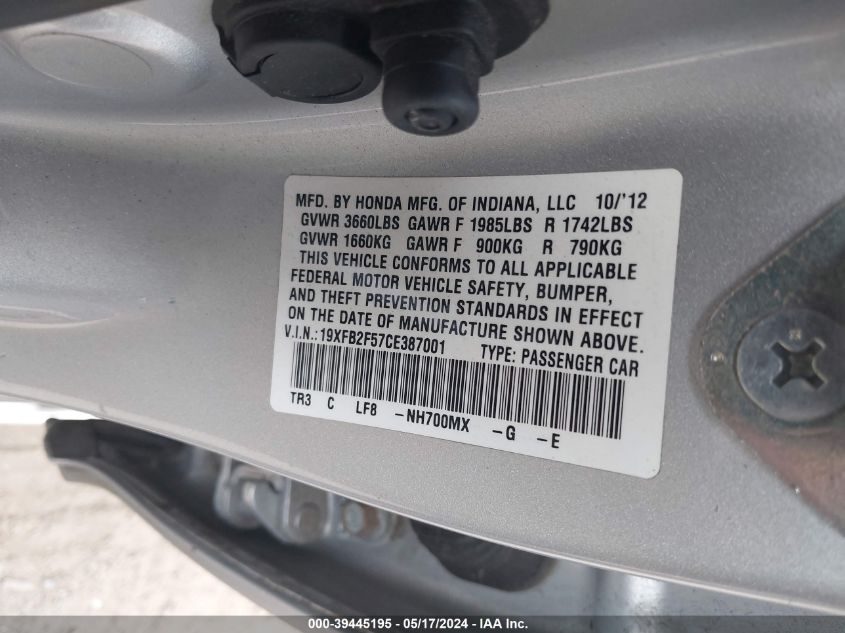 2012 Honda Civic Lx VIN: 19XFB2F57CE387001 Lot: 39445195