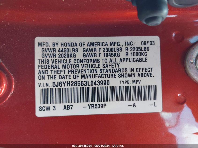2003 Honda Element Ex VIN: 5J6YH28563L043990 Lot: 39445204