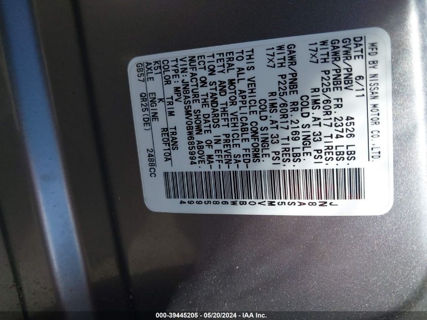 2011 Nissan Rogue S/Sv/Krom VIN: JN8AS5MV0BW685994 Lot: 39445205