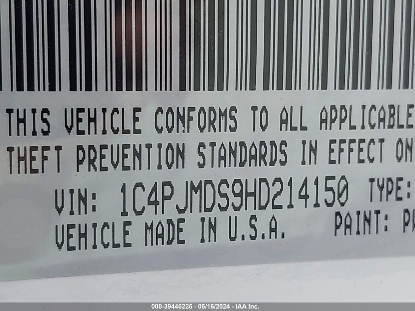 2017 Jeep Cherokee Limited 4X4 VIN: 1C4PJMDS9HD214150 Lot: 39445225