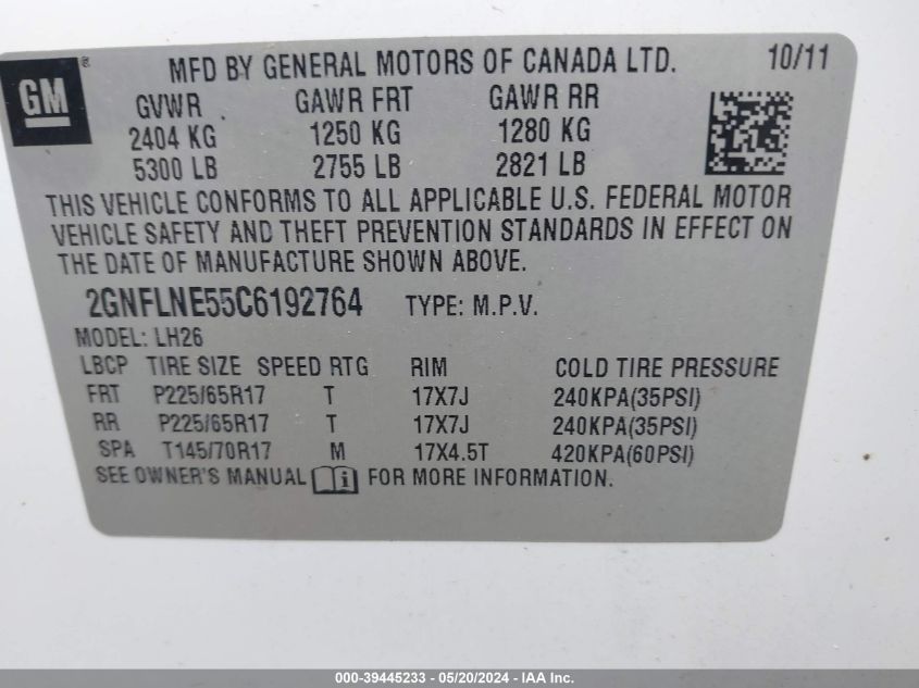 2012 Chevrolet Equinox 2Lt VIN: 2GNFLNE55C6192764 Lot: 39445233