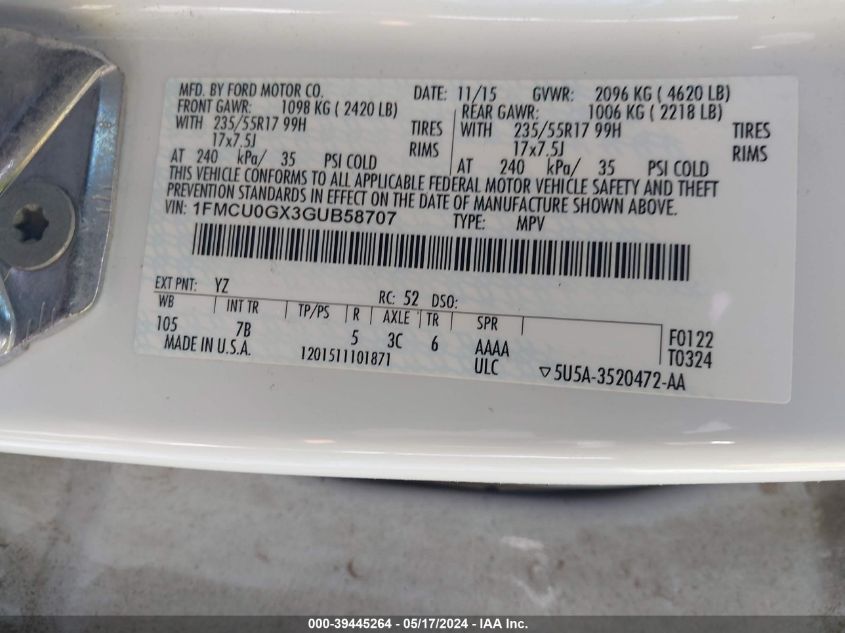 2016 Ford Escape Se VIN: 1FMCU0GX3GUB58707 Lot: 39445264