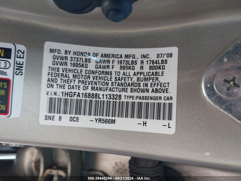 2008 Honda Civic Ex VIN: 1HGFA16888L113328 Lot: 39445294