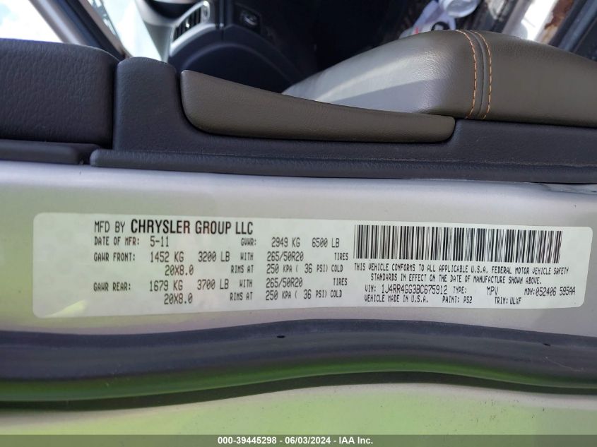 2011 Jeep Grand Cherokee Laredo VIN: 1J4RR4GG3BC675912 Lot: 39445298