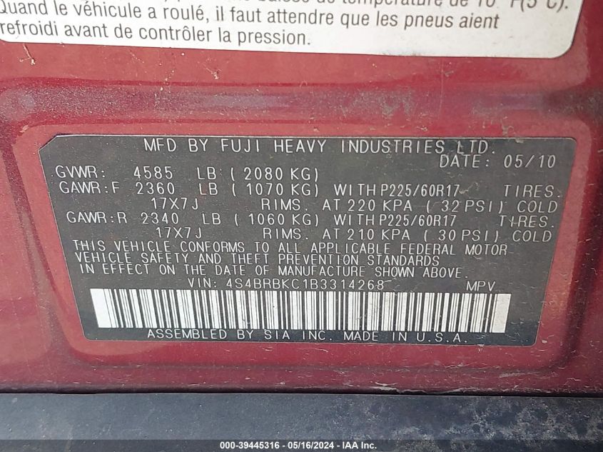 2011 Subaru Outback 2.5I Limited VIN: 4S4BRBKC1B3314268 Lot: 39445316