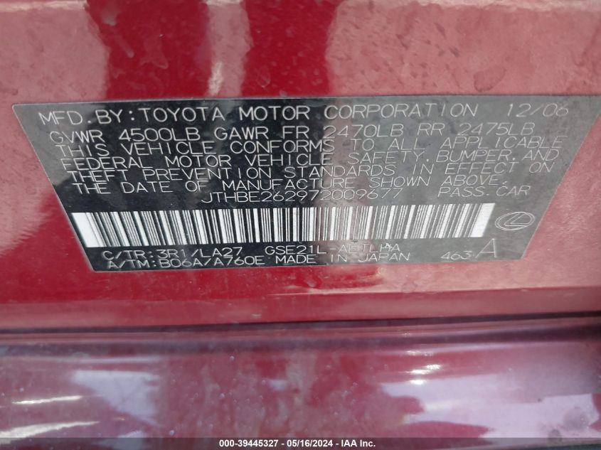 2007 Lexus Is 350 VIN: JTHBE262972009677 Lot: 39445327