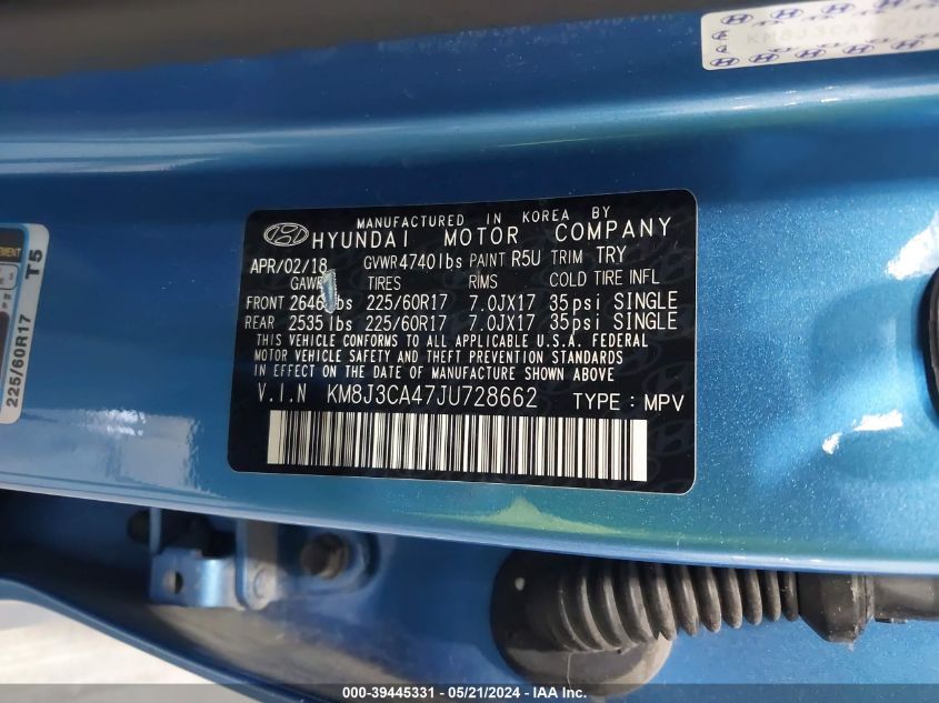 2018 Hyundai Tucson Sel VIN: KM8J3CA47JU728662 Lot: 39445331