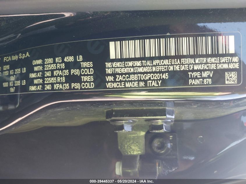 2016 Jeep Renegade Justice VIN: ZACCJBBT0GPD20145 Lot: 39445337