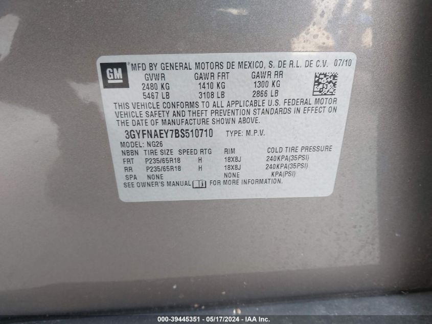 2011 Cadillac Srx Luxury Collection VIN: 3GYFNAEY7BS510710 Lot: 39445351