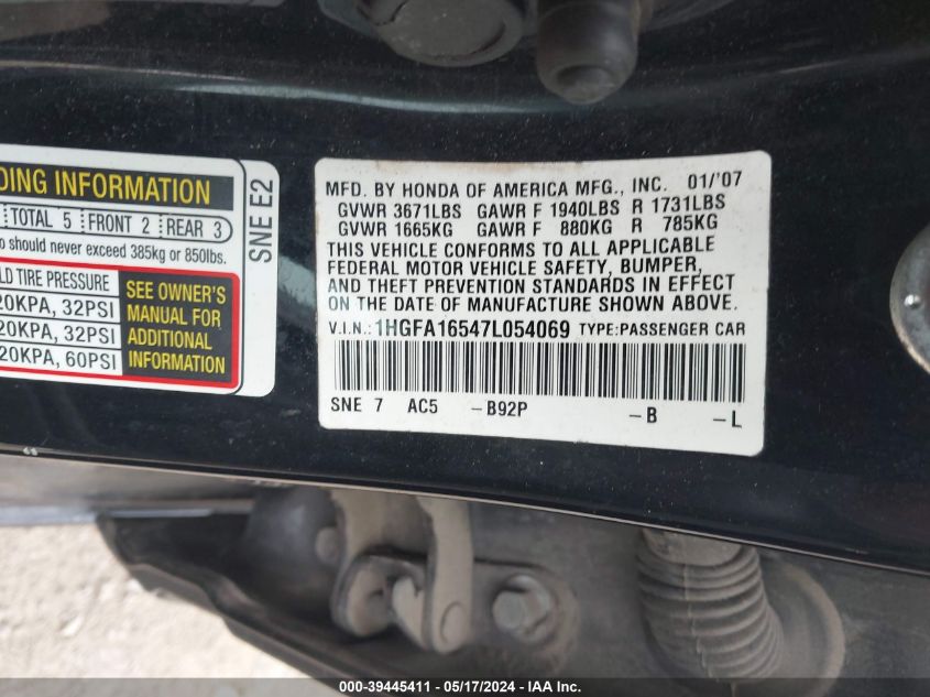 2007 Honda Civic Lx VIN: 1HGFA16547L054069 Lot: 39445411