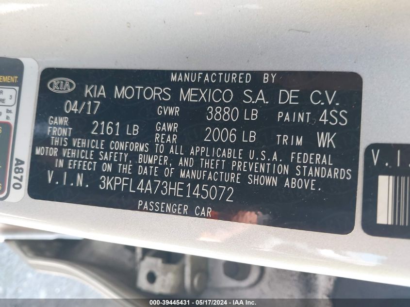 2017 Kia Forte Lx VIN: 3KPFL4A73HE145072 Lot: 39445431