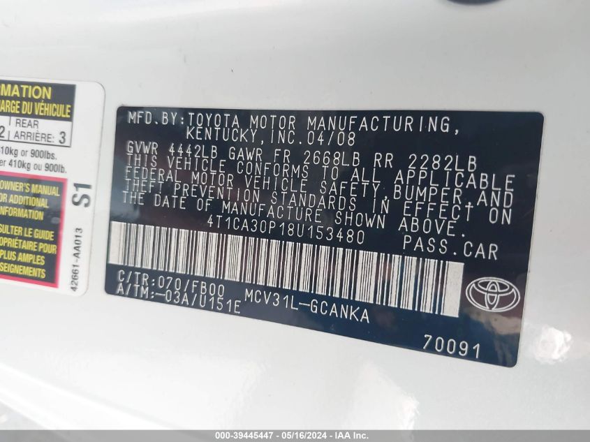 2008 Toyota Camry Solara Se V6 VIN: 4T1CA30P18U153480 Lot: 39445447