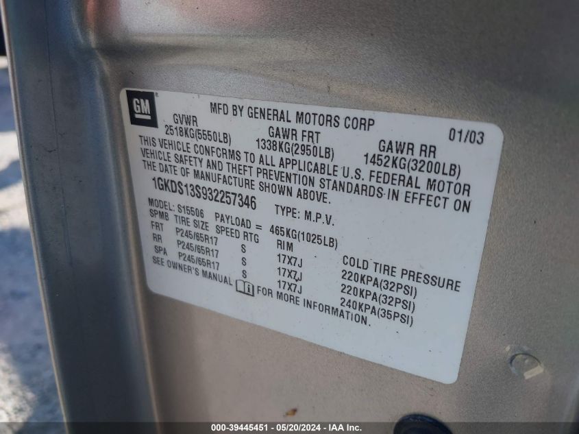 2003 GMC Envoy Sle VIN: 1GKDS13S932257346 Lot: 39445451