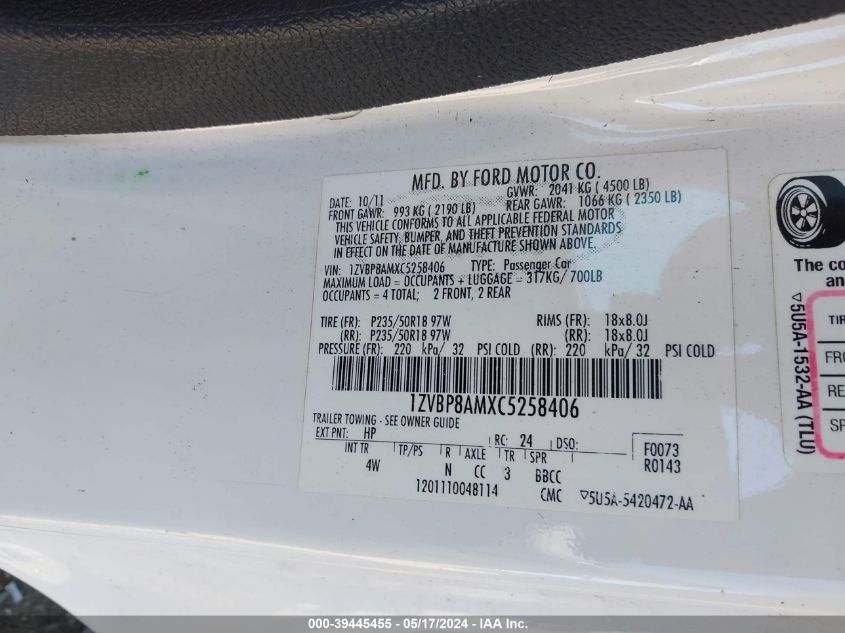 2012 Ford Mustang V6 Premium VIN: 1ZVBP8AMXC5258406 Lot: 39445455