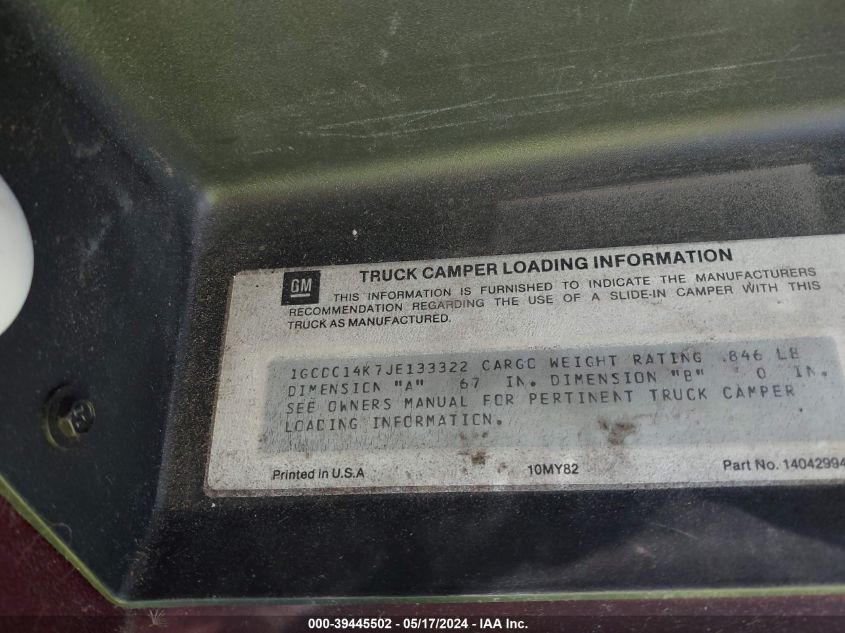 1988 Chevrolet Gmt-400 C1500 VIN: 1GCDC14K7JE133322 Lot: 39445502