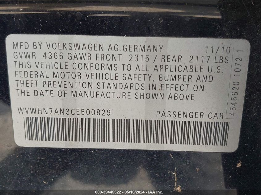 2012 Volkswagen Cc Lux VIN: WVWHN7AN3CE500829 Lot: 39445522