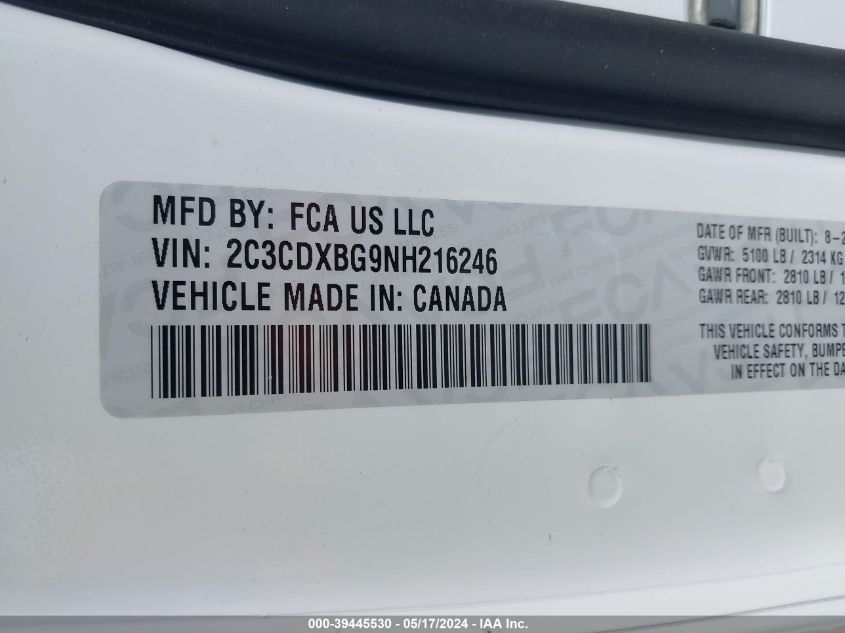 2022 Dodge Charger Sxt Rwd VIN: 2C3CDXBG9NH216246 Lot: 39445530