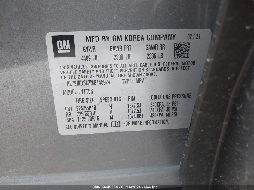 2021 Chevrolet Trailblazer Awd Rs VIN: KL79MUSL3MB145924 Lot: 39445554