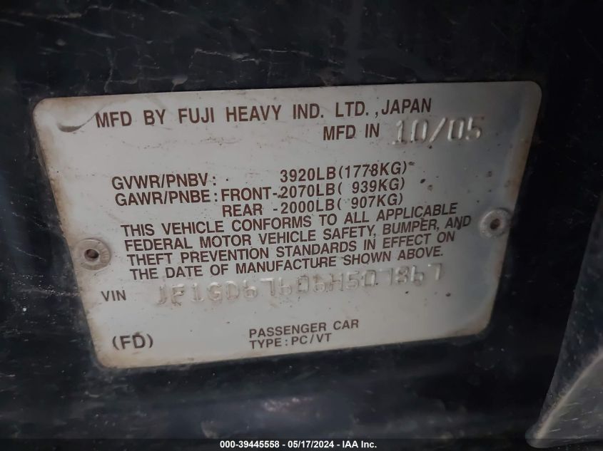 2006 Subaru Impreza 2.5I VIN: JF1GD67606H507867 Lot: 39445558