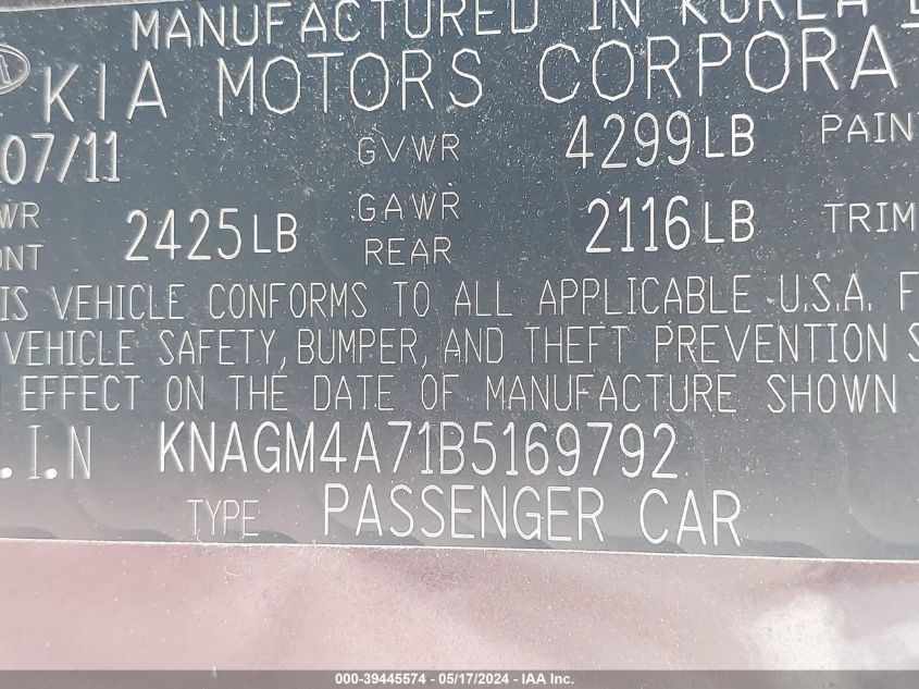 2011 Kia Optima Lx VIN: KNAGM4A71B5169792 Lot: 39445574