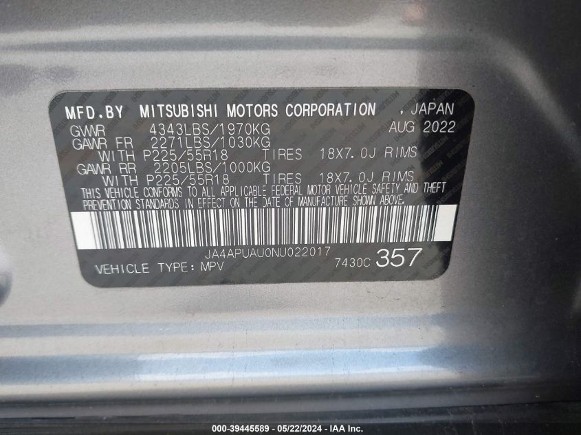 2022 Mitsubishi Outlander Sport 2.0 Be 2Wd/2.0 Es 2Wd/2.0 Le 2Wd/2.0 S 2Wd VIN: JA4APUAU0NU022017 Lot: 39445589