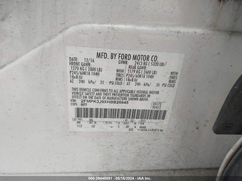 2017 Ford Edge Sel VIN: 2FMPK3J9XHBB26945 Lot: 39445591