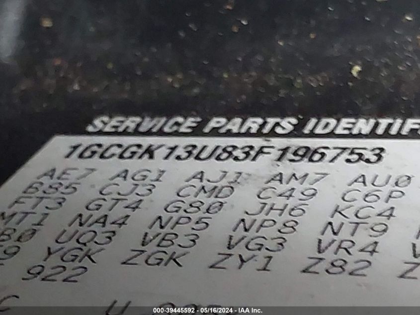2003 Chevrolet Silverado 1500Hd Ls VIN: 1GCGK13U83F196753 Lot: 39445592