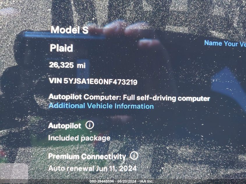 2022 Tesla Model S Plaid VIN: 5YJSA1E60NF473219 Lot: 39445596