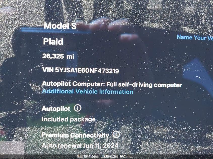 2022 Tesla Model S Plaid VIN: 5YJSA1E60NF473219 Lot: 39445596