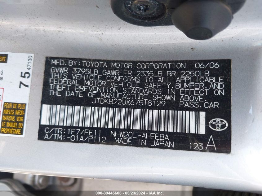 2006 Toyota Prius VIN: JTDKB22UX67518129 Lot: 39445605