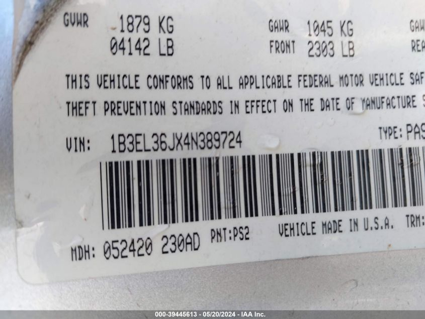 2004 Dodge Stratus Se VIN: 1B3EL36JX4N389724 Lot: 39445613