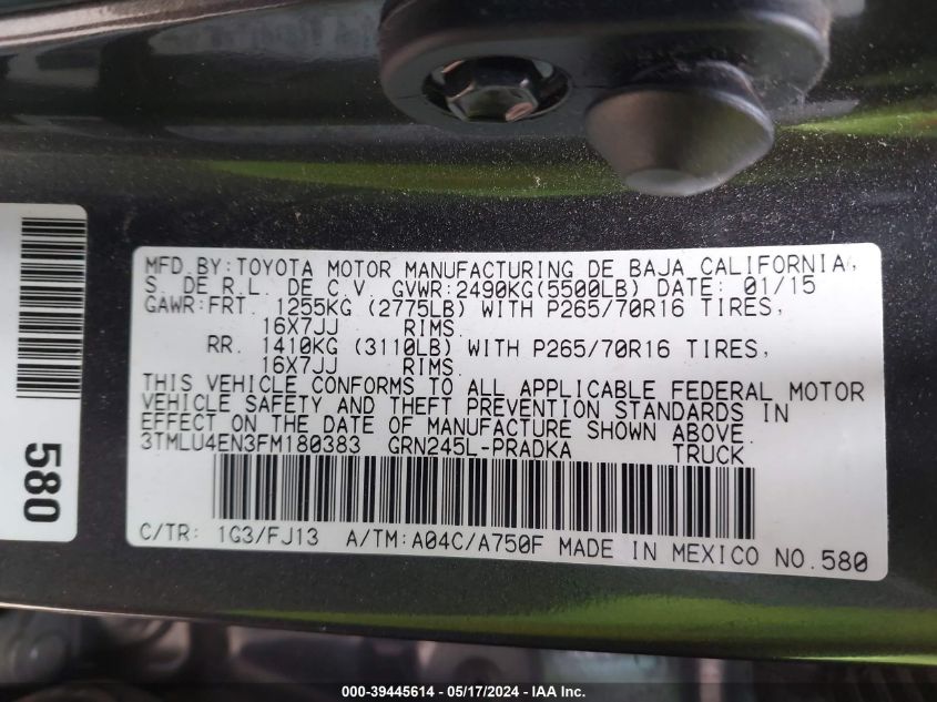 2015 Toyota Tacoma Base V6 VIN: 3TMLU4EN3FM180383 Lot: 39445614