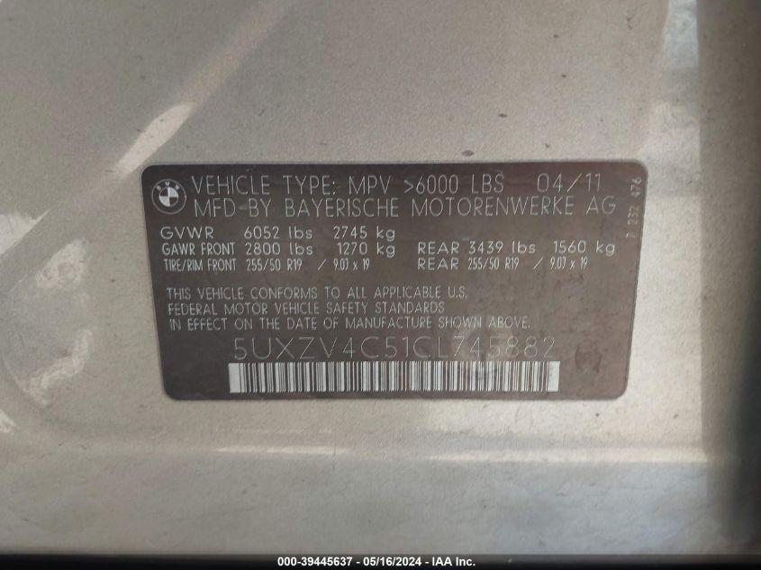 2012 BMW X5 xDrive35I/xDrive35I Premium/xDrive35I Sport Activity VIN: 5UXZV4C51CL745882 Lot: 39445637
