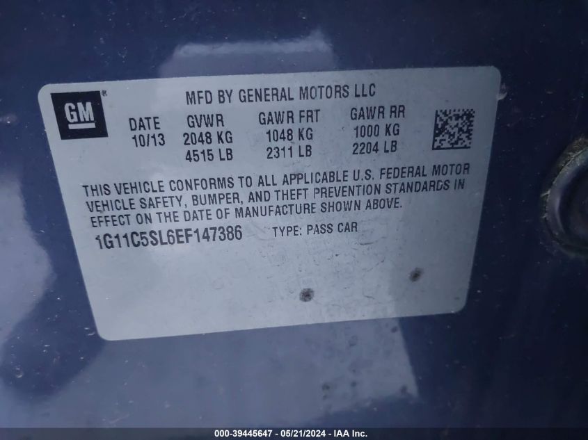2014 Chevrolet Malibu 1Lt VIN: 1G11C5SL6EF147386 Lot: 39445647