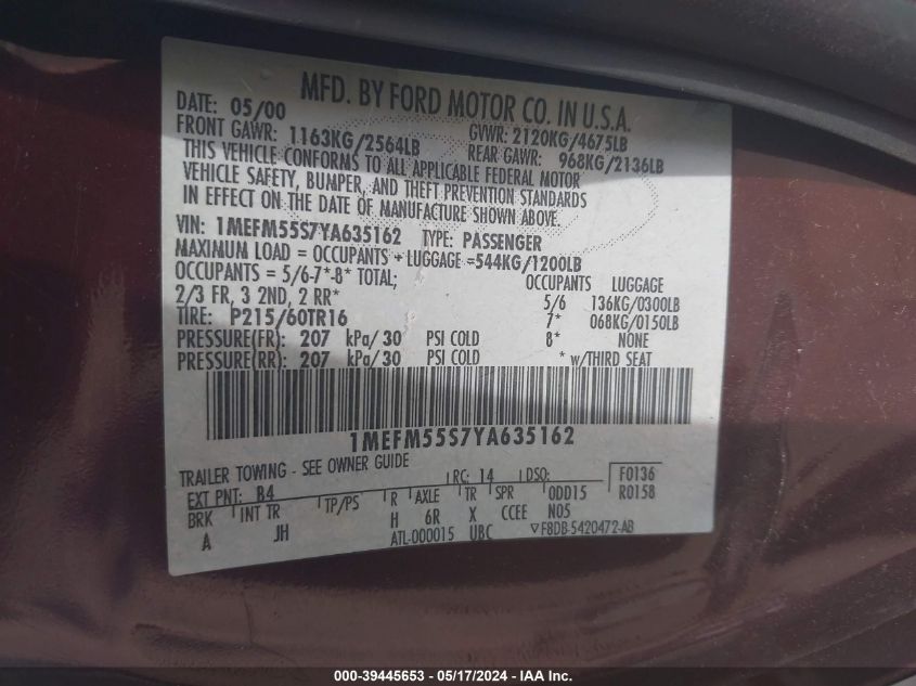 2000 Mercury Sable Ls Premium VIN: 1MEFM55S7YA635162 Lot: 39445653