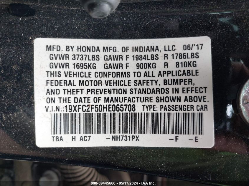 2017 Honda Civic Lx VIN: 19XFC2F50HE065708 Lot: 39445660