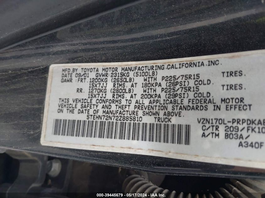 2002 Toyota Tacoma Base V6 VIN: 5TEHN72N72Z885810 Lot: 39445679