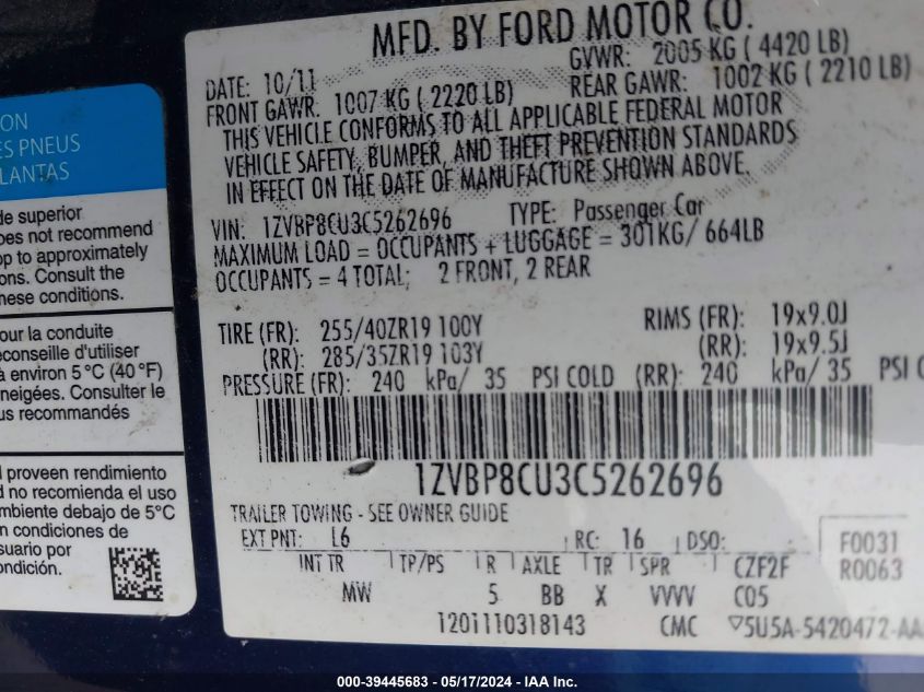 2012 Ford Mustang Boss 302 VIN: 1ZVBP8CU3C5262696 Lot: 39445683