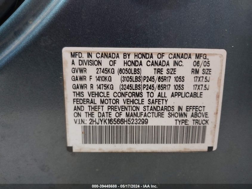2006 Honda Ridgeline Rtl VIN: 2HJYK16566H523299 Lot: 39445688