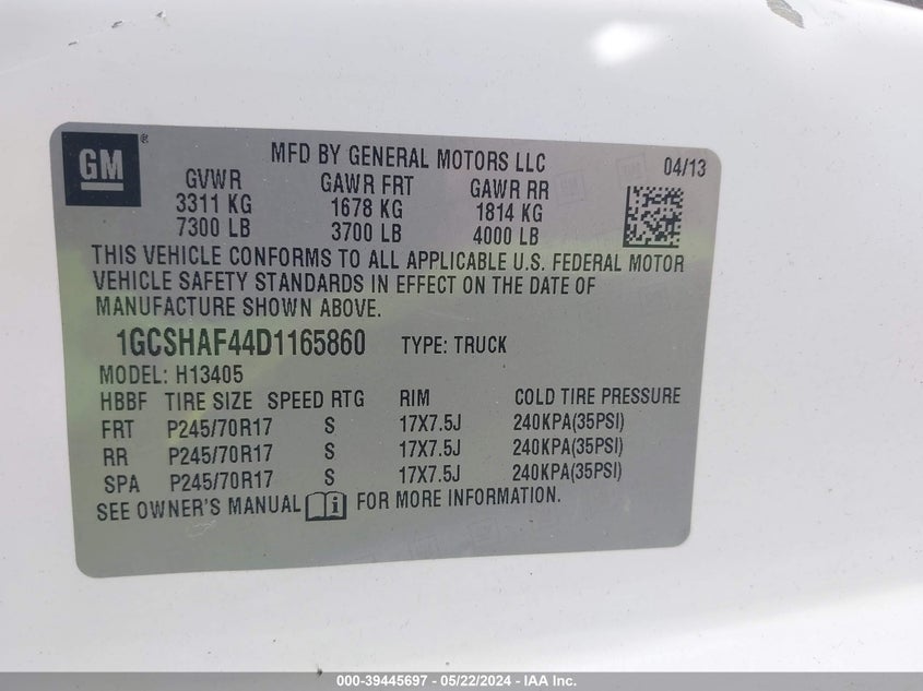 2013 Chevrolet Express 1500 Work Van VIN: 1GCSHAF44D1165860 Lot: 39445697