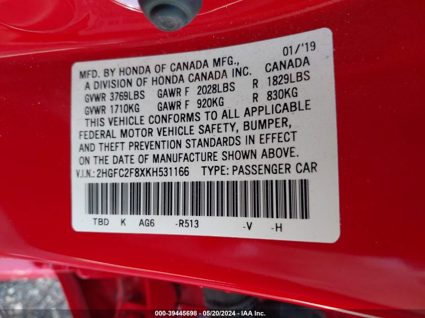 2019 Honda Civic Sport VIN: 2HGFC2F8XKH531166 Lot: 39445698