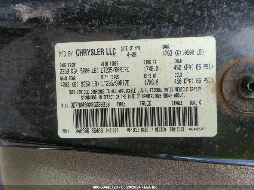 2008 Dodge Ram 3500 Laramie VIN: 3D7MX49AX8G220310 Lot: 39445720