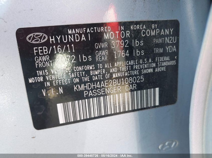 2011 Hyundai Elantra Gls (Ulsan Plant) VIN: KMHDH4AE2BU108025 Lot: 39445726