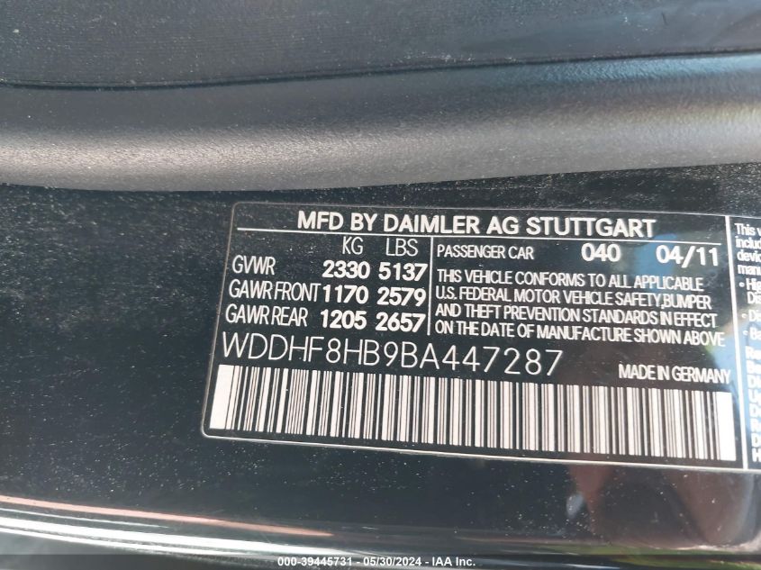 2011 Mercedes-Benz E 350 4Matic VIN: WDDHF8HB9BA447287 Lot: 39445731