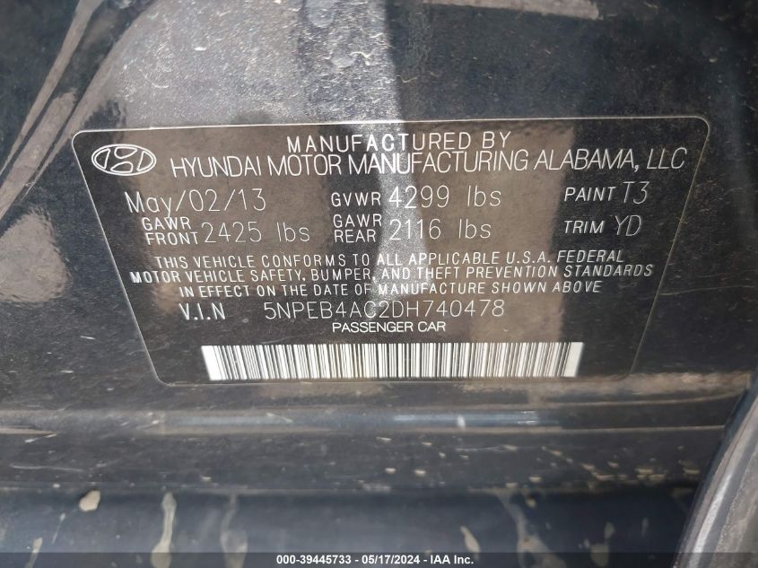 2013 Hyundai Sonata Gls VIN: 5NPEB4AC2DH740478 Lot: 39445733