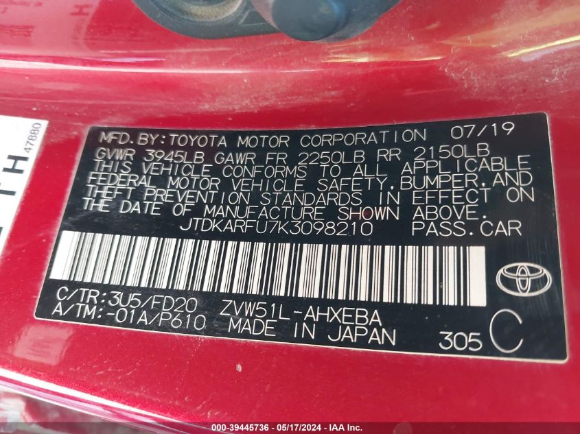 2019 Toyota Prius VIN: JTDKARFU7K3098210 Lot: 39445736