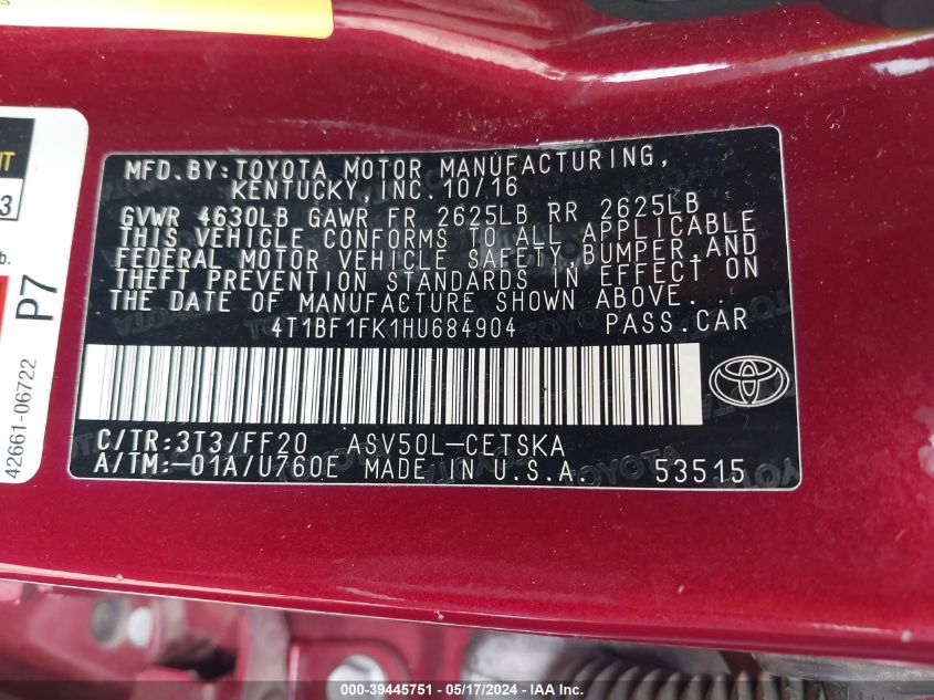 2017 TOYOTA CAMRY SE - 4T1BF1FK1HU684904