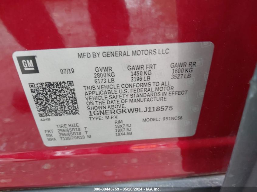 2020 Chevrolet Traverse Fwd Lt Cloth VIN: 1GNERGKW9LJ118575 Lot: 39445759